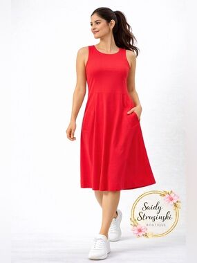 Lands’ End Red Ponte Dress Sz16 Sleeveless Pocket Midi Cottagecore Work Casual